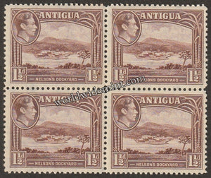 1938 - 1951 ANTIGUA - KING GEORGE VI TERCENTENARY BLOCK OF 4 MNH SG: 100a