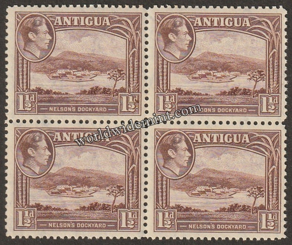 1938 - 1951 ANTIGUA - KING GEORGE VI TERCENTENARY BLOCK OF 4 MNH SG: 100a