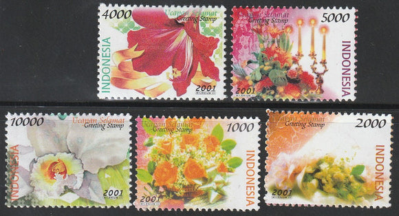 2001 Indonesia Greetings Stamps - Flowers Set of 5 #FOR-1243