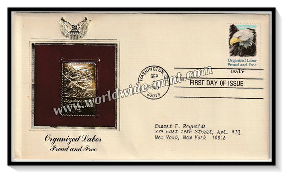 1980 USA Organized Labor Proud and Free - Gold Replica FDC #FE132