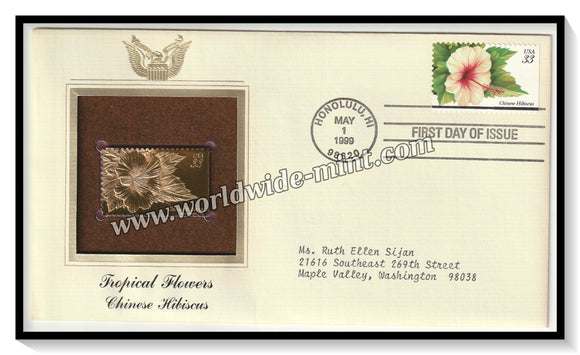 1999 USA Tropical flowers Chinese Hibiscus - Gold Replica FDC #FE135