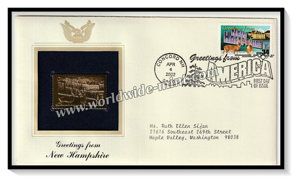 2002 USA Greetings From New Hampshire- Gold Replica FDC #FE13