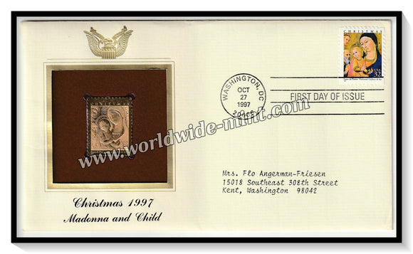 1997 USA Christmas 1997 Madonna and Child - Gold Replica FDC #FE140