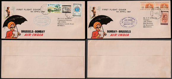 1967 Bombay - Brussels, Brussels - Bombay Air India set of 2 First flight cover #FFCF15