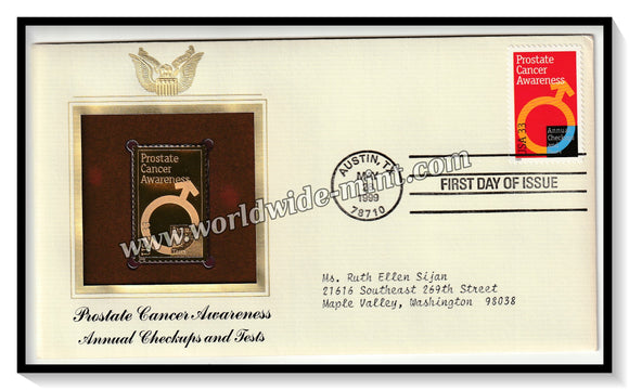 1999 USA Prostate Cancer Awareness Annual Checkups and Tests - Gold Replica FDC #FE153