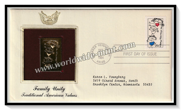 1984 USA Family Unity Traditional American Values - Gold Replica FDC #FE15