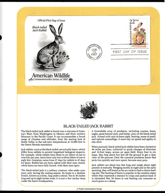 1987 USA American Wildlife -Black Tailed Jack Rabbit FDC #FE163