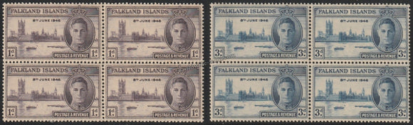 FALKLAND ISLANDS 1946 - KING GERORGE VI - VICTORY ISSUE 2V BLOCK OF 4 MNH SG: 164 - 165