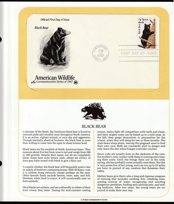 1987 USA American Wildlife - Black Bear FDC #FE170