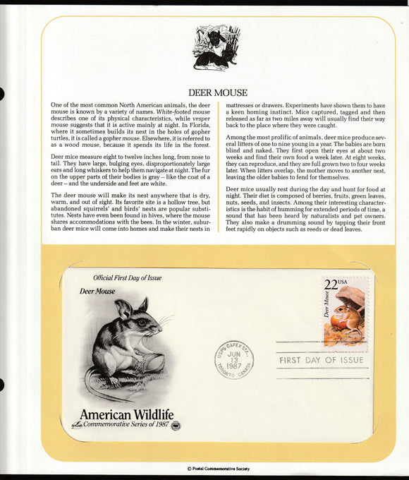 1987 USA American Wildlife - Deer Mouse FDC #FE173