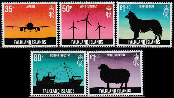 2023 Falkland Island The 40th Anniversary of the Development Corporation Set of 5 MNH - Airline, Wind Turbine, Herding Dog, Fishing Industry, Wool Industry #FOR-182