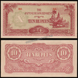 Burma (MYANMAR) WWII - JAPANESE OCCUPATION - 10 RUPEES 1942-1944 BLOCK LETTERS: BA; WATERMARK; PARCHMENT-LIKE DARKER PAPER; SHORT LINE; BA 8MM; 65-66MM SPACE BETWEEN XF+ Currency Note #UCN186