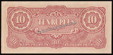 Burma (MYANMAR) WWII - JAPANESE OCCUPATION - 10 RUPEES 1942-1944 BLOCK LETTERS: BA; WATERMARK; PARCHMENT-LIKE DARKER PAPER; SHORT LINE; BA 8MM; 65-66MM SPACE BETWEEN XF+ Currency Note #UCN186