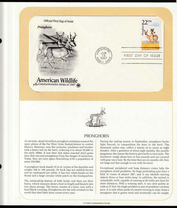 1987 USA American Wildlife - Pronghorn FDC #FE189