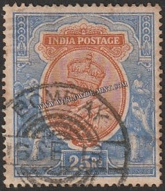 1911 - 1923 BRITISH INDIA - 25 R Orange & Blue (1913) - King George V Star W/M Used Stamp S.G:191