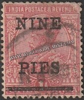 1921 BRITISH INDIA - 9p on 1a Carmine Pink - King George V Star W/M Used Stamp S.G:193