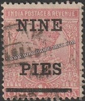 1921 BRITISH INDIA - 9p on 1a Aniline Carmine - King George V Star W/M Used Stamp S.G:194