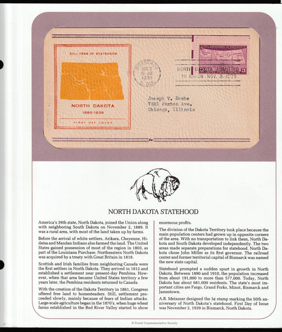 1939 USA 50th Year of statehood North Dakota FDC #FE198