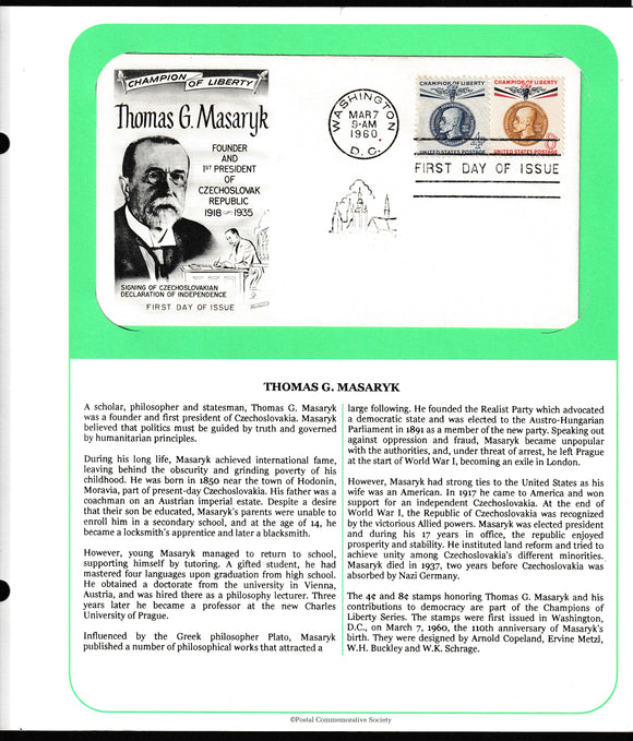 1960 USA Champion of Liberty Thomas G. Masaryk Founder and 1st President of Czechoslovak Republic 1918-1935 FDC #FE199