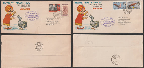 1967 Bombay - Mauritius, Mauritius -  Bombay Air India set of 2 First flight cover #FFCF20