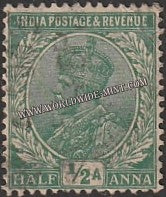 1926 - 1933 BRITISH INDIA - 1/2 a Green - King George V Multi Star W/M Used Stamp S.G:202