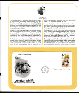 1987 USA American Wildlife - Badger FDC #FE204