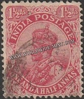 1926 - 1933 BRITISH INDIA - 1 1/2 a Rose Carmine (Type B) (1929) - King George V Multi Star W/M Used Stamp S.G:204