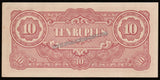 BURMA (MYANMAR) WWII - JAPANESE OCCUPATION - 10 RUPEES 1942-1944 P#16A2; BLOCK LETTERS: BA; WATERMARK; SMOOTH THIN PAPER; SHORT LINE; BA 7.5 MM WIDE; 60 MM SPACE BETWEEN XF+ CURRENCY NOTE #UCN205