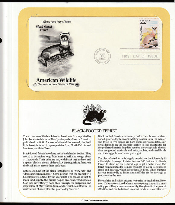 1987 USA American Wildlife - Black-Footed Ferret FDC #FE206