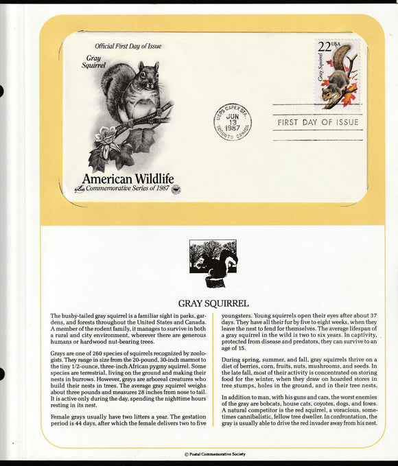 1987 USA American Wildlife - Gray Squirrel FDC #FE207