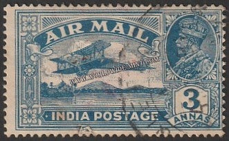 1929 BRITISH INDIA - 3a Blue - King George V, Air Mail Series Multi Star W/M Used Stamp S.G:221