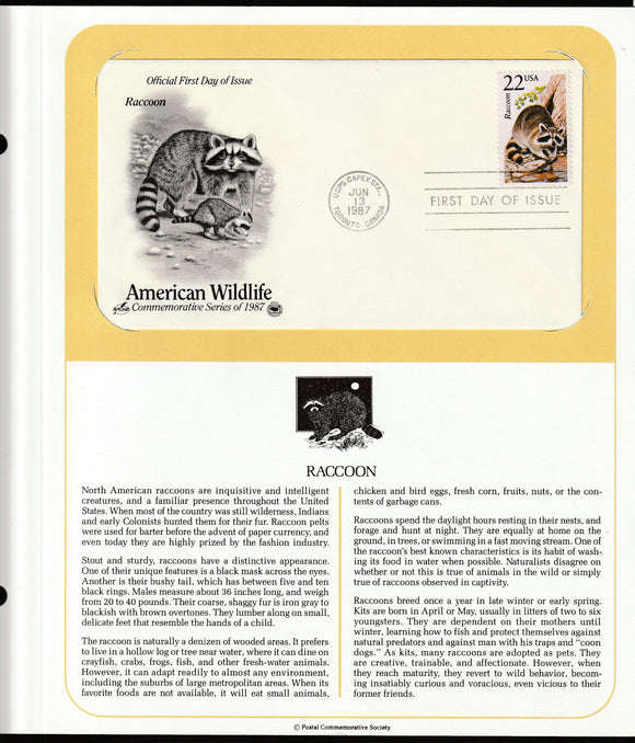 1987 USA American Wildlife - Raccoon FDC #FE222