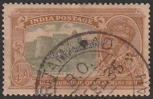 1931 BRITISH INDIA - 1/4 a Olive Green &amp; Orange Brown - King George V, Inauguration of New Delhi - Purana Qila Multi Star W/M Used Stamp S.G:226