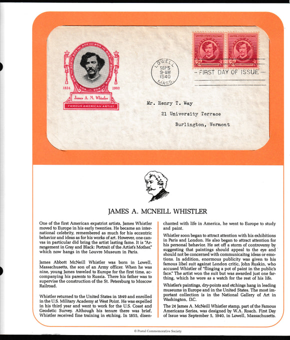 1940 USA Famous American Artist - James A. M. Whistler (American painter) FDC #FE228