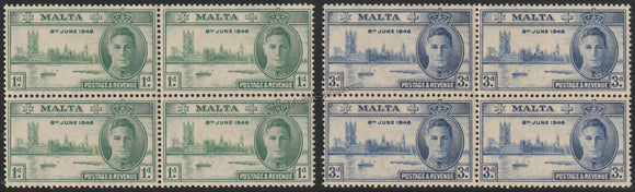 MALTA 1946 - KING GERORGE VI - VICTORY ISSUE 2V BLOCK OF 4 MNH SG: 232 - 233