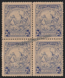 1925 - 1935 BARBADOS - SEAL OF COLONY W/M: MULTI SCRIPT CA BLOCK OF 4 MNH SG: 233