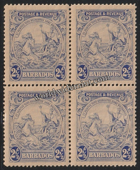 1925 - 1935 BARBADOS - SEAL OF COLONY W/M: MULTI SCRIPT CA BLOCK OF 4 MNH SG: 233