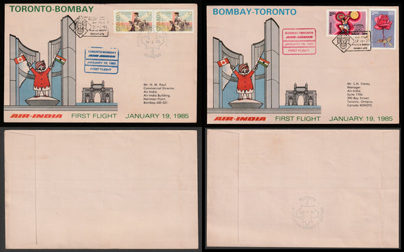 1985 Bombay - Toronto, Toronto - Bombay Air India set of 2 First flight cover #FFCF24