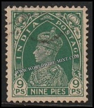1937 - 1940 BRITISH INDIA - 9p Green - King George VI Multi Star W/M Used Stamp S.G:249