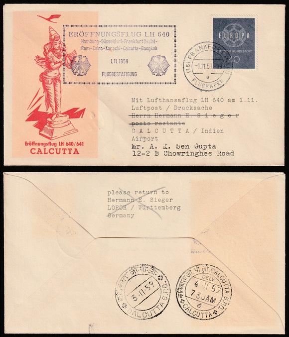 1959 Germany - Rome - Cairo - Karachi - Calcutta - Bangkok with Garuda Picture in the front side with 2 Different Cancellation the Back side First flight cover #FFCF25 - Hinduism Theme