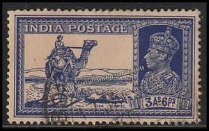 1937 - 1940 BRITISH INDIA - 3a 6p Bright Blue -  Camel Post - King George VI Multi Star W/M Used Stamp S.G:254