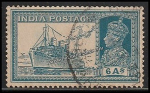 1937 - 1940 BRITISH INDIA - 6a Turquoise - Green - Ship Post - King George VI Multi Star W/M Used Stamp S.G:256