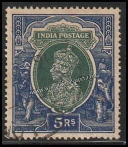 1937 - 1940 BRITISH INDIA - 5r Green & Blue - King George VI Multi Star W/M Used Stamp S.G:261