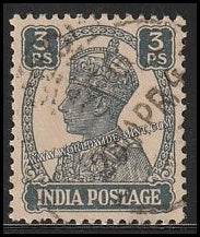 1940 - 1943 BRITISH INDIA - 3p Slate - King George VI, War Economy Issues Multi Star W/M Used Stamp S.G:265
