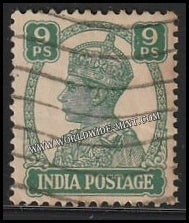 1940 - 1943 BRITISH INDIA - 9p Green - King George VI, War Economy Issues Multi Star W/M Used Stamp S.G:267