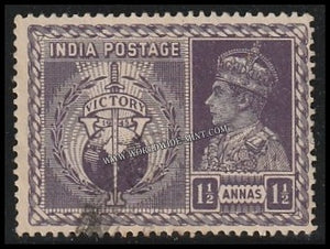 1946 BRITISH INDIA - 1 1/2a Dull Violet - King George VI, Victory of Allied Powers in WW II Multi Star W/M Used Stamp S.G:279