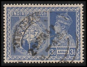 1946 BRITISH INDIA - 3 1/2a Bright Blue - King George VI, Victory of Allied Powers in WW II Multi Star W/M Used Stamp S.G:280