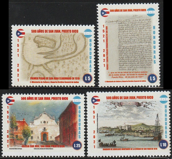 2021 Honduras The 500th Anniversary of San Juan, Puerto Rico Set of 4 MNH Church, Map Manuscript, Boats, Sea#FOR-307