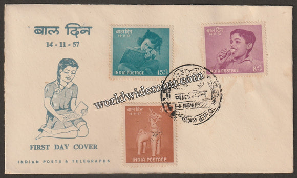 1957 india childrens day 3v fdc