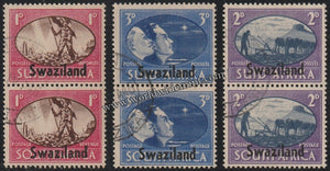 SWAZILAND OVERPRINT ON SUID - AFRICA & SOUTH AFRICA 1945 - VICTORY ISSUE 3V VERTICAL USED SG: 39 - 41